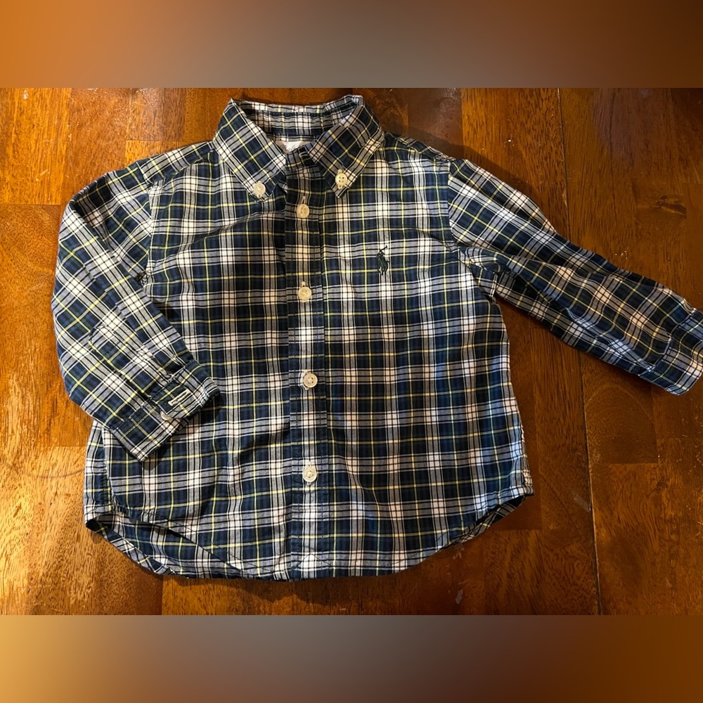 Ralph Lauren long sleeve button down, blue, green plaid, size 6 months